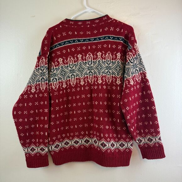 L.L. Bean Sweater Button Up Fair Isle Cardigan Women’s Large Merino Wool Red USA - Picture 6 of 10